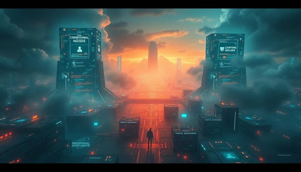 A vast digital landscape, where cloud-based services loom like towering monoliths, their interfaces shimmering with intricate security protocols. In the foreground, a user navigates a maze of conditional access policies, their every move scrutinized by an omniscient network of sensors and algorithms. The middle ground reveals the cracks in this fortress, exposing vulnerabilities that enable savvy attackers to bypass even the most sophisticated multi-factor authentication. The background, a hazy, abstracted realm of data flows and invisible connections, hints at the fragility of our modern digital existence. Cinematic lighting and a moody, ominous atmosphere pervade the scene, underscoring the high-stakes game of cat and mouse between security and those who would seek to exploit it.