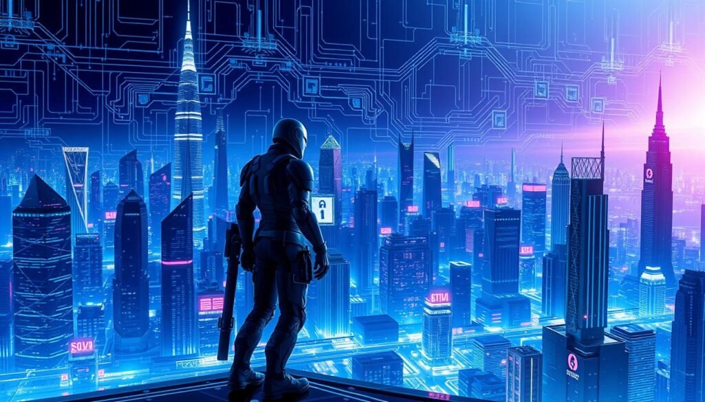 A vast, futuristic cityscape stretches out, its towering skyscrapers and gleaming spires illuminated by a soft, eerie glow. In the foreground, a cyberpunk-inspired figure stands vigilant, clad in sleek, advanced armor and wielding a holographic interface. The background is alive with a complex web of data streams, firewalls, and intricate security protocols, hinting at the advanced, interconnected nature of the future of cybersecurity. The scene is bathed in a cool, techno-dystopian light, creating a sense of both awe and unease, as the viewer contemplates the challenges and possibilities that lie ahead in the digital landscape.