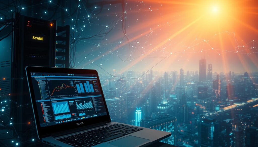 A vast, illuminated network landscape stretches out, with nodes and connections pulsing with data. In the foreground, a laptop screen displays a complex interface, its interface glowing with charts, graphs, and command prompts. The middle ground features a server rack, its blinking lights and fans hinting at the processing power beneath. In the background, a city skyline fades into the distance, suggesting the scale and interconnectedness of the digital world. Shafts of warm, directional lighting cast a sense of exploration and technical prowess, while a cool, blue undertone evokes the clinical precision of network analysis.