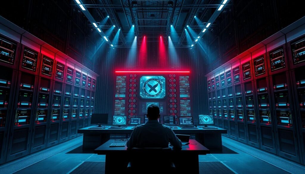 A vast, imposing control center dominates the frame, its sleek interfaces and glowing displays hinting at the complex cybersecurity systems within. Towering server racks flank the central console, casting long shadows that lend an air of gravity and power. Piercing blue and red lighting wash over the scene, symbolizing the constant interplay between offensive and defensive capabilities. The atmosphere is tense, charged with the weight of high-stakes digital warfare, where the slightest misstep could have devastating consequences. A lone operator sits before the console, their face obscured, focused intently on the task at hand - the delicate balance of protection and preparation. A vast, imposing control center dominates the frame, its sleek interfaces and glowing displays hinting at the complex cybersecurity systems within. Towering server racks flank the central console, casting long shadows that lend an air of gravity and power. Piercing blue and red lighting wash over the scene, symbolizing the constant interplay between offensive and defensive capabilities. The atmosphere is tense, charged with the weight of high-stakes digital warfare, where the slightest misstep could have devastating consequences. A lone operator sits before the console, their face obscured, focused intently on the task at hand - the delicate balance of protection and preparation.
