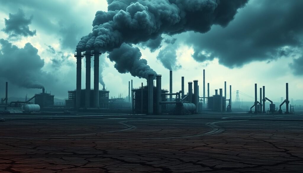 A vast industrial landscape, with towering smokestacks belching dark plumes of pollution into an ominous sky. In the foreground, a cracked and barren earth, devoid of life, symbolizing the environmental devastation. In the middle ground, a maze of pipes, tanks, and machinery, conveying the relentless march of industrial progress at the expense of the natural world. The lighting is harsh and unforgiving, casting long shadows and highlighting the harsh, angular lines of the industrial complex. The overall atmosphere is one of gloom and despair, a stark warning of the consequences of unchecked environmental impact.
