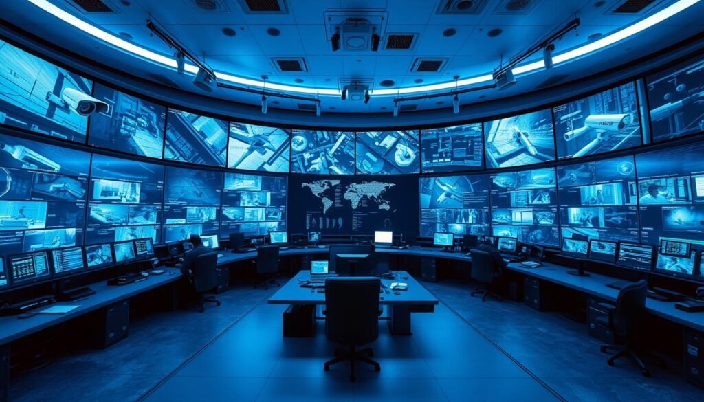 A vast, modern security monitoring platform with an array of high-resolution video feeds, cameras, and sensor data displayed on a series of large, curved screens. The control room is bathed in a cool, blue-tinted lighting, creating a sense of technological authority and vigilance. The camera angles are dynamic, capturing the scale and complexity of the security operations, with operators meticulously monitoring the live footage. The atmosphere is one of professionalism, efficiency, and a commitment to safeguarding digital assets in an ever-evolving cybersecurity landscape.