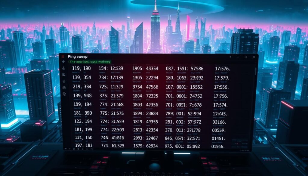 A vast network landscape with a grid of IP addresses displayed on a futuristic interface. In the foreground, a terminal screen shows the progress of a ping sweep, revealing active hosts with their IP addresses and response times. The background features a stylized cityscape of skyscrapers and servers, bathed in a cool, neon-tinged glow. The scene conveys a sense of technological prowess and the power of network mapping, fitting the "Real-World Use Cases and Workflows" section of the article.