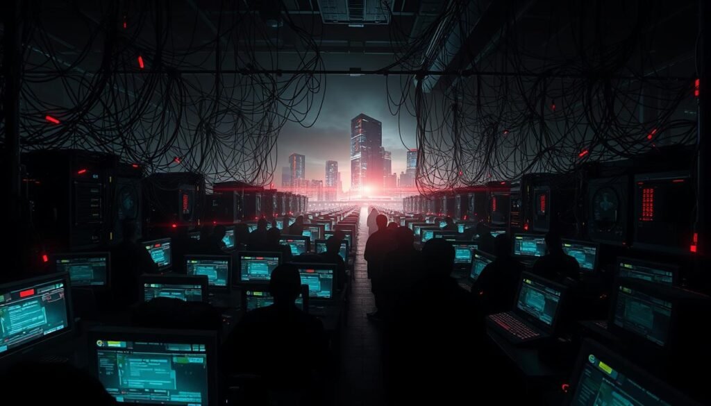 A vast network of infected computers, their screens flickering with malicious code. In the foreground, a swarm of dark silhouettes - the "zombie" machines, their digital strings pulled by unseen hands. The middle ground is a maze of tangled cables and glowing circuit boards, pulsing with the rhythmic beat of the botnet's attacks. In the background, a looming digital skyline, towers of data centers casting ominous shadows over the scene. Harsh, directional lighting emphasizes the sinister atmosphere, while a low, cinematic camera angle adds a sense of scale and foreboding. This is the ominous reality of modern botnet assaults, a dystopian glimpse into the hidden workings of the internet's "zombie armies". A vast network of infected computers, their screens flickering with malicious code. In the foreground, a swarm of dark silhouettes - the "zombie" machines, their digital strings pulled by unseen hands. The middle ground is a maze of tangled cables and glowing circuit boards, pulsing with the rhythmic beat of the botnet's attacks. In the background, a looming digital skyline, towers of data centers casting ominous shadows over the scene. Harsh, directional lighting emphasizes the sinister atmosphere, while a low, cinematic camera angle adds a sense of scale and foreboding. This is the ominous reality of modern botnet assaults, a dystopian glimpse into the hidden workings of the internet's "zombie armies".