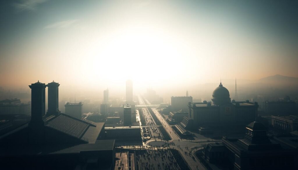 A vast, ominous landscape of North Korea, shrouded in a veil of secrecy. In the foreground, towering monuments and symbols of the regime loom, casting long shadows across the scene. The midground reveals a bustling metropolis, its streets teeming with uniformed figures and tightly-controlled activity. In the distant background, a hazy, monochromatic skyline suggests the ever-present surveillance and control of the state. Dramatic lighting casts dramatic contrasts, emphasizing the severe, authoritarian atmosphere. A Leica-style lens captures the scene with a sense of unease and tension, reflecting the FBI's deep insights into the inner workings of this mysterious nation.