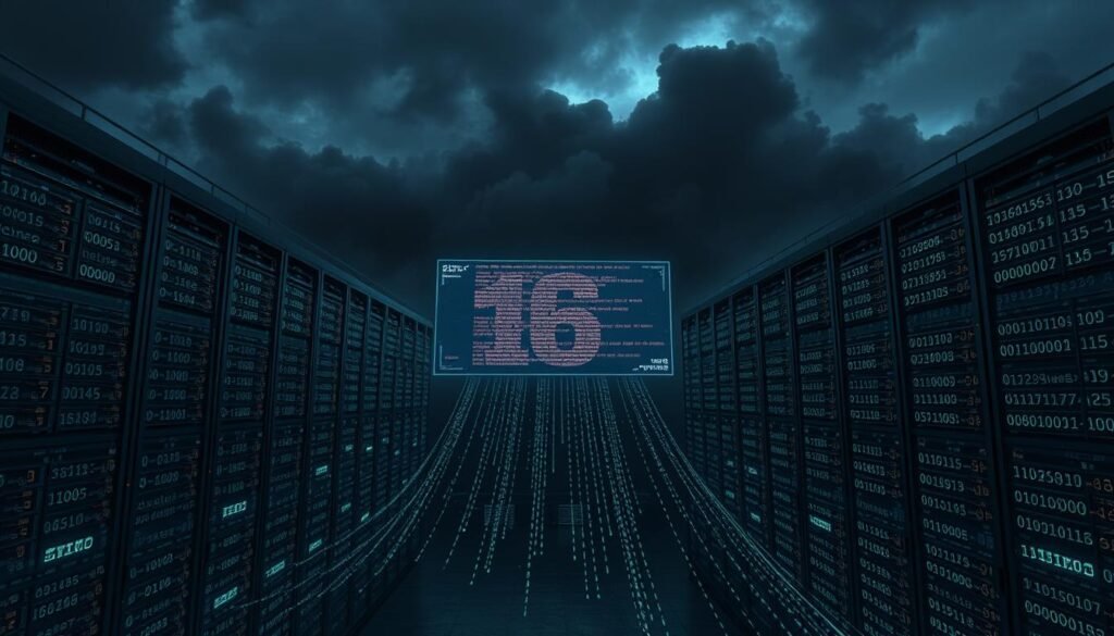 A vast, sprawling data center looms in the foreground, its server racks and blinking lights conveying the sheer scale of the "16 billion credentials data" leak. In the middle ground, streams of binary code and encrypted passwords cascade across multiple screens, visualizing the enormous scope of the breach. The background is shrouded in a moody, ominous atmosphere, with dark clouds and a somber color palette, suggesting the gravity and potential consequences of this unprecedented data exposure. The overall scene evokes a sense of vulnerability and the urgent need to understand and address this cybersecurity crisis.