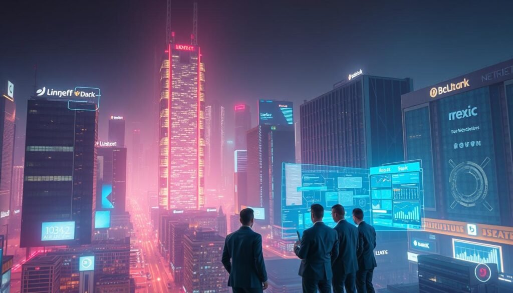 A vast, technologically-advanced cityscape, illuminated by the soft glow of digital screens and neon lights. In the foreground, a group of professionals in business attire huddle around a holographic display, analyzing intricate cybersecurity data. The middle ground features rows of sleek, high-rise office buildings, their facades adorned with the logos of leading tech companies. In the background, a towering data center stands tall, its servers whirring with the constant flow of information. The scene conveys a sense of urgency and innovation, reflecting the dynamic and in-demand nature of the cybersecurity job market.