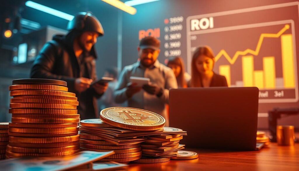 A vibrant and dynamic scene depicting the interplay between bounty incentives and return on investment (ROI). In the foreground, a stack of bitcoins and dollar bills symbolizes the financial rewards of a successful bug bounty program. In the middle ground, a team of cybersecurity professionals enthusiastically discuss their findings, their expressions conveying the excitement of uncovering valuable vulnerabilities. In the background, a stylized data visualization chart illustrates the ROI metrics, showcasing the tangible benefits of the program. Warm lighting casts a sense of prosperity, while sleek, minimalist design elements convey the technical sophistication of the subject matter. The overall composition captures the delicate balance between financial incentives and the pursuit of improved security, creating a visually compelling representation of the topic. A vibrant and dynamic scene depicting the interplay between bounty incentives and return on investment (ROI). In the foreground, a stack of bitcoins and dollar bills symbolizes the financial rewards of a successful bug bounty program. In the middle ground, a team of cybersecurity professionals enthusiastically discuss their findings, their expressions conveying the excitement of uncovering valuable vulnerabilities. In the background, a stylized data visualization chart illustrates the ROI metrics, showcasing the tangible benefits of the program. Warm lighting casts a sense of prosperity, while sleek, minimalist design elements convey the technical sophistication of the subject matter. The overall composition captures the delicate balance between financial incentives and the pursuit of improved security, creating a visually compelling representation of the topic.