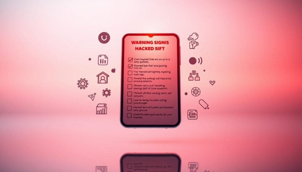 A vibrant checklist against a sleek backdrop, showcasing the critical warning signs of a hacked phone. Detailed icons and symbols representing security threats, network activity, and suspicious behaviors float in a serene, minimalist environment. Crisp lighting highlights the checklist items, creating a sense of clarity and urgency. The composition is balanced, with the checklist prominently displayed in the center, surrounded by subtle gradients and clean geometric shapes that convey a sense of order and control. The overall aesthetic is modern, professional, and visually engaging, effectively communicating the seriousness of the topic.