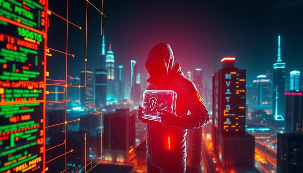A vibrant cybersecurity career path, illuminated by a warm glow. In the foreground, a secure network interface with glowing data streams and security protocols. In the middle ground, a figure in a sleek, futuristic cybersecurity uniform, wielding a holographic display. The background showcases a cityscape of skyscrapers and data centers, symbolizing the vast and ever-evolving landscape of the cybersecurity industry. The scene is captured with a cinematic, wide-angle lens, creating a sense of depth and scale. The overall mood is one of dynamism, innovation, and the critical importance of cybersecurity in the modern digital world.