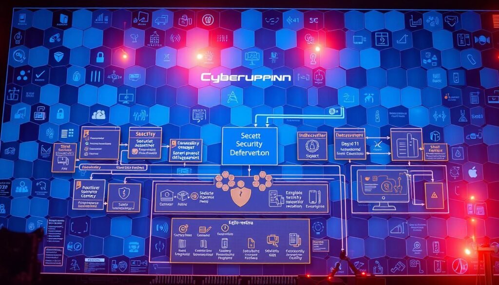 A vibrant, detailed blueprint of a methodical blue team's approach to securing a company's phones. In the foreground, a central flow diagram depicting key defensive steps - asset discovery, vulnerability assessment, security configuration, and incident response. In the middle ground, supporting icons and illustrations convey the tools and techniques employed, including firewalls, encryption, and monitoring. The background features a geometric, hexagonal grid pattern in shades of blue, evoking a sense of structure, strategy, and interconnectivity. Warm, focused lighting illuminates the scene, creating depth and clarity. The overall atmosphere is one of professionalism, diligence, and a well-orchestrated, proactive security posture.