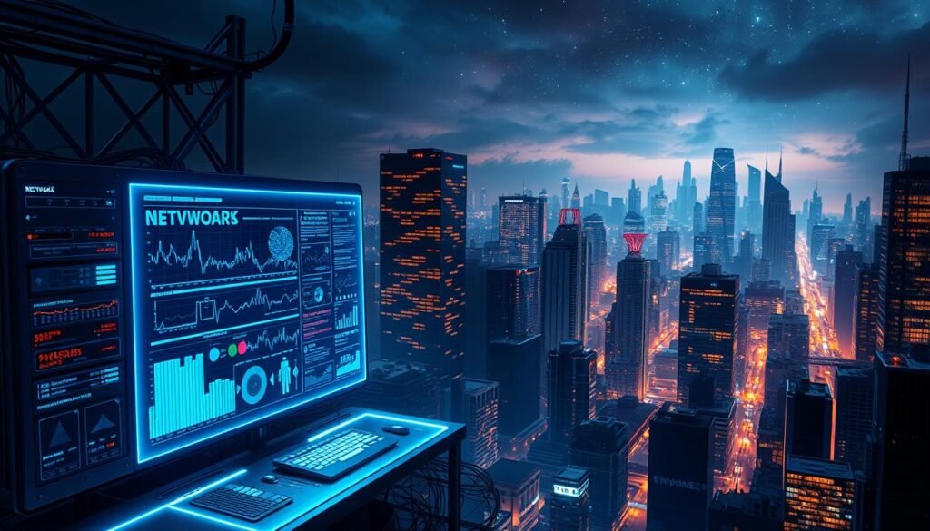 A vibrant, digital cityscape at night, with a central focus on a network monitoring station. In the foreground, a sleek, holographic display shows real-time data visualizations of network traffic, intrusion detection, and security alerts. Illuminated by a cool, blue-tinted lighting, the station is surrounded by a maze of interconnected servers, cables, and blinking LEDs. In the middle ground, skyscrapers and high-tech infrastructure stretch out, their windows emitting a warm, amber glow. The background is a moody, atmospheric skyline with towering silhouettes and a starry, cyberpunk-inspired sky. The overall scene conveys a sense of technological prowess, vigilance, and the importance of network monitoring and security.