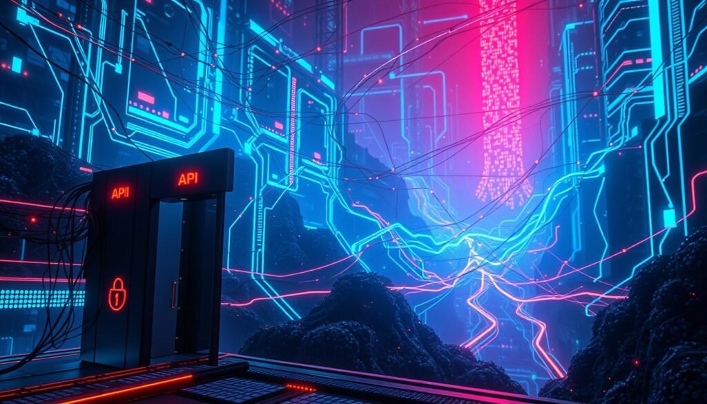 A vibrant, dynamic digital landscape depicting the intricate web of API security. In the foreground, a secure network gateway stands as a sturdy gatekeeper, its sleek lines and glowing indicators conveying a sense of vigilance. In the middle ground, a cascading array of data flows and security protocols intertwine, forming a visually striking tapestry. The background is illuminated by a soft, ambient glow, hinting at the adaptive defense mechanisms that silently monitor and respond to emerging threats. The overall scene exudes a balance of technical sophistication and vigilant protection, perfectly encapsulating the essence of "Operational visibility: discovery, logging, and adaptive defense" in API security. A vibrant, dynamic digital landscape depicting the intricate web of API security. In the foreground, a secure network gateway stands as a sturdy gatekeeper, its sleek lines and glowing indicators conveying a sense of vigilance. In the middle ground, a cascading array of data flows and security protocols intertwine, forming a visually striking tapestry. The background is illuminated by a soft, ambient glow, hinting at the adaptive defense mechanisms that silently monitor and respond to emerging threats. The overall scene exudes a balance of technical sophistication and vigilant protection, perfectly encapsulating the essence of "Operational visibility: discovery, logging, and adaptive defense" in API security.