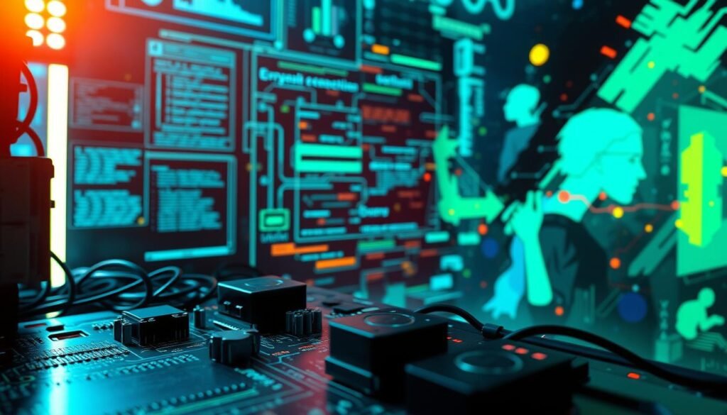 A vibrant, dynamic scene depicting machine learning-driven behavioral analysis. In the foreground, a detailed circuit board and computer components, conveying the technical foundations of the process. In the middle ground, a visual representation of data flows, algorithms, and system interactions, rendered in shades of blue and green. In the background, a bold, abstract visualization of human behaviors and patterns, expressed through bold brushstrokes and a sense of movement. The overall composition is lit by a warm, focused light source, creating a sense of depth and emphasizing the interplay between the digital and the analytic. The scene evokes a mood of discovery, insight, and the power of technology to uncover hidden truths. A vibrant, dynamic scene depicting machine learning-driven behavioral analysis. In the foreground, a detailed circuit board and computer components, conveying the technical foundations of the process. In the middle ground, a visual representation of data flows, algorithms, and system interactions, rendered in shades of blue and green. In the background, a bold, abstract visualization of human behaviors and patterns, expressed through bold brushstrokes and a sense of movement. The overall composition is lit by a warm, focused light source, creating a sense of depth and emphasizing the interplay between the digital and the analytic. The scene evokes a mood of discovery, insight, and the power of technology to uncover hidden truths.