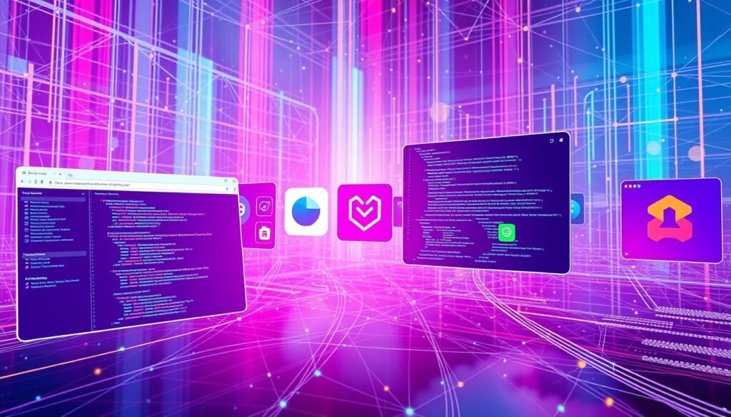 A vibrant, hyper-realistic digital landscape showcasing a collection of modern web applications. In the foreground, a sleek and minimalist web browser window displays a coding interface, with lines of code cascading across the screen. In the middle ground, a series of stylized app icons and logos float against a backdrop of gradient-filled windows, each radiating a distinct color palette. The background is dominated by a vast network of interconnected nodes and lines, representing the complex infrastructure powering these web-based tools. The scene is bathed in a soft, diffused lighting, creating a sense of depth and atmosphere. The overall composition conveys a sense of innovation, technology, and the seamless integration of digital experiences. A vibrant, hyper-realistic digital landscape showcasing a collection of modern web applications. In the foreground, a sleek and minimalist web browser window displays a coding interface, with lines of code cascading across the screen. In the middle ground, a series of stylized app icons and logos float against a backdrop of gradient-filled windows, each radiating a distinct color palette. The background is dominated by a vast network of interconnected nodes and lines, representing the complex infrastructure powering these web-based tools. The scene is bathed in a soft, diffused lighting, creating a sense of depth and atmosphere. The overall composition conveys a sense of innovation, technology, and the seamless integration of digital experiences.