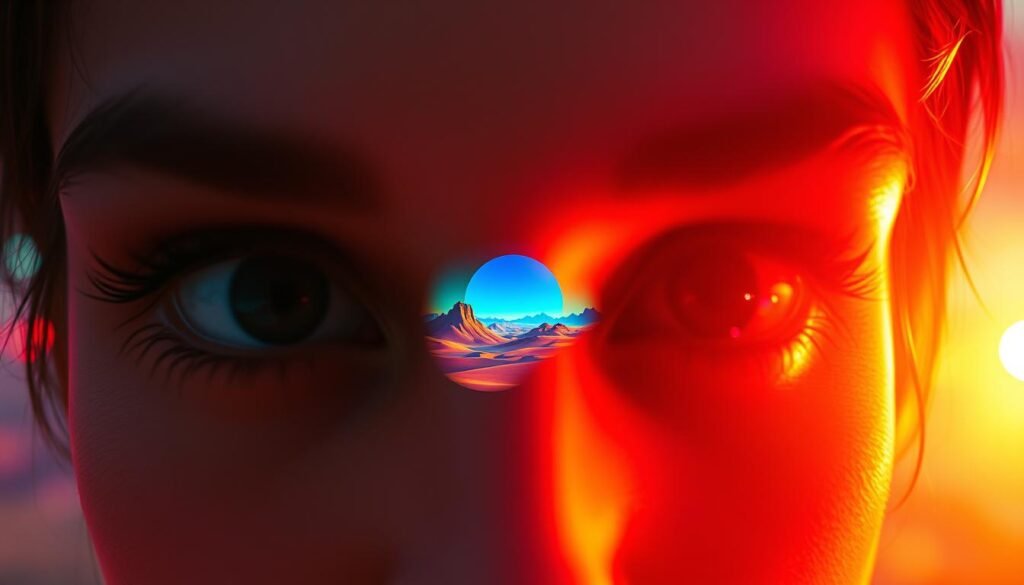 A vibrant kaleidoscope of color perception, captured in a surreal, dreamlike setting. In the foreground, a pair of eyes peer through a prismatic lens, revealing the spectrum of hues that define our world. The middle ground showcases an abstract, multi-colored landscape, with shapes and forms that morph and blend seamlessly. In the background, a soft, atmospheric glow illuminates the scene, evoking a sense of introspection and the exploration of the subjectivity of color. Lighting is warm and diffused, creating a sense of depth and dimensionality. The overall composition suggests the psychological and emotional impact of color on our perceptions and mindsets.