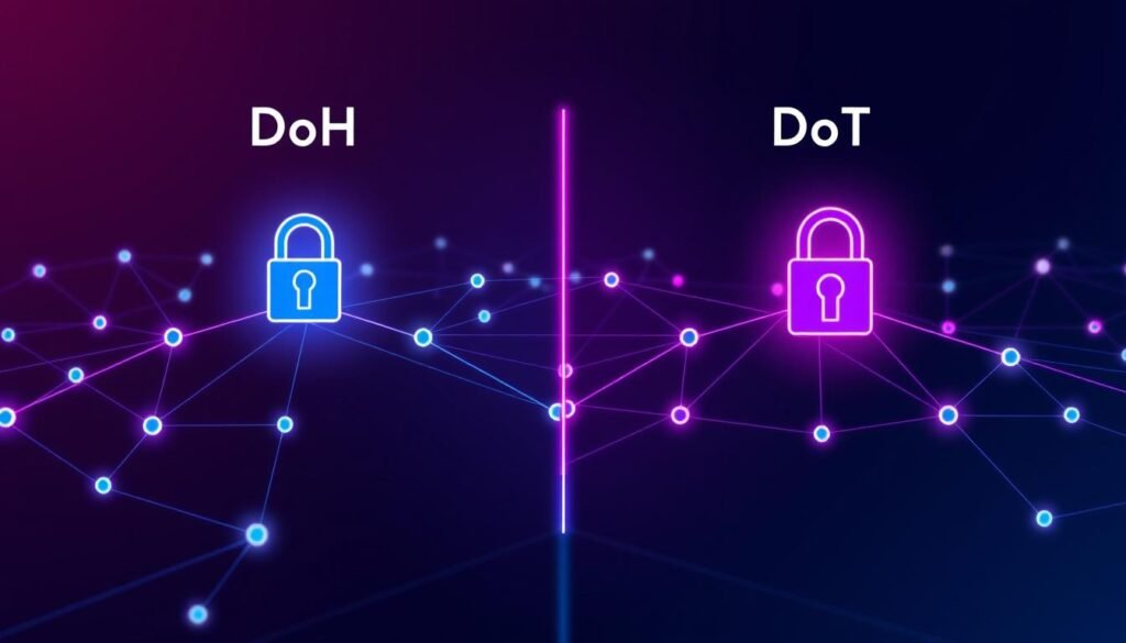 A vibrant, two-panel comparison showcasing the key differences between the DoH (DNS over HTTPS) and DoT (DNS over TLS) protocols. In the foreground, a sophisticated network visualization with sleek, interconnected nodes and lines representing the secure data transmission. The left panel depicts the DoH protocol, with a stylized HTTPS padlock icon and a smooth, encrypted data flow. The right panel contrasts this with the DoT protocol, featuring a TLS lock icon and a distinct, encrypted data path. The background features a subtle, gradient-based backdrop that creates depth and emphasizes the technical nature of the subject. Rendered in a clean, minimalist style with a sophisticated color palette, this image provides a visually compelling and informative side-by-side analysis of these two crucial internet security protocols.