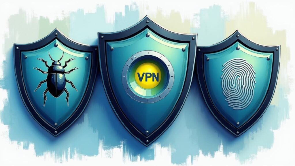 A visual comparison of three essential cybersecurity tools Antivirus, VPN, and a Secure Browser