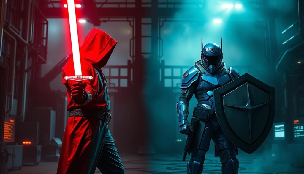 A vivid, contrasting depiction of the red team and blue team mindset in cyber warfare. In the foreground, a red-hooded figure wielding a glowing red sword, symbolizing the offensive, aggressive approach of the red team. Opposite, a blue-armored figure stands firm, shield raised, representing the defensive, protective stance of the blue team. The background features a stark, industrial landscape, with hacking tools and digital interfaces casting an ominous glow. Dramatic lighting casts sharp shadows, creating a tense, high-stakes atmosphere. The two figures stand in uneasy, mirrored poses, conveying the inherent tension and strategic differences between the red and blue team mentalities. A vivid, contrasting depiction of the red team and blue team mindset in cyber warfare. In the foreground, a red-hooded figure wielding a glowing red sword, symbolizing the offensive, aggressive approach of the red team. Opposite, a blue-armored figure stands firm, shield raised, representing the defensive, protective stance of the blue team. The background features a stark, industrial landscape, with hacking tools and digital interfaces casting an ominous glow. Dramatic lighting casts sharp shadows, creating a tense, high-stakes atmosphere. The two figures stand in uneasy, mirrored poses, conveying the inherent tension and strategic differences between the red and blue team mentalities.