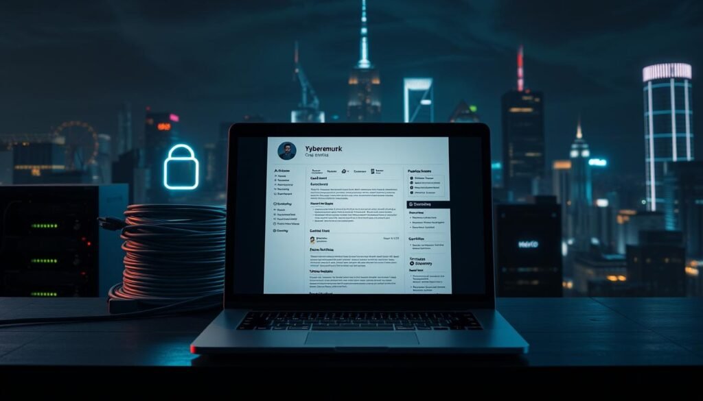 A well-designed cybersecurity resume set against a dark, moody backdrop. In the foreground, a laptop screen showcases sleek, minimalist resume layout with key skills and certifications highlighted. Beside it, a cybersecurity icon or symbol casts an ominous glow. The middle ground features stacks of network cables, servers, and other technology elements, conveying the technical expertise required. In the background, a cityscape at night with skyscrapers and neon signs, hinting at the fast-paced, high-stakes world of cybersecurity. Dramatic lighting creates deep shadows and a sense of urgency, while the overall composition communicates professionalism, attention to detail, and a standout personal brand.