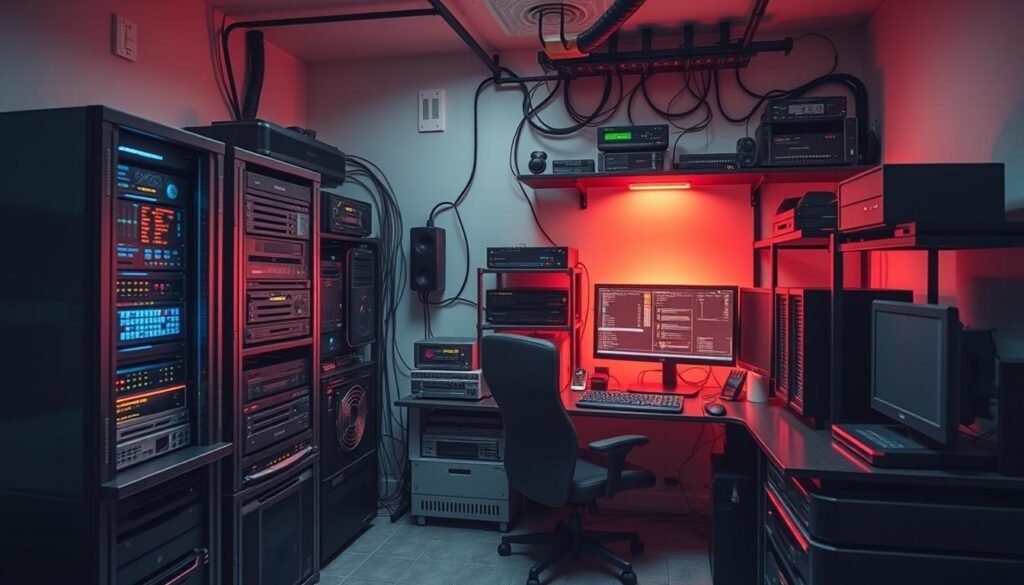 A well-equipped cyber home lab showcasing an array of core components: a rack-mounted server humming with activity, a sturdy workstation hosting multiple monitors, an array of networking devices like routers and switches, and a collection of security tools including a firewall and intrusion detection system. Soft lighting casts a warm glow, highlighting the sleek, modern design of the lab. The scene exudes a sense of purposeful functionality, inviting the viewer to explore the inner workings of this cyber sanctuary.