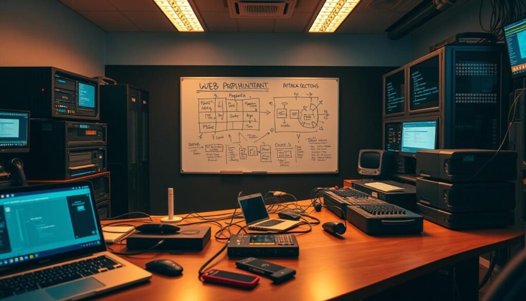 A well-equipped cybersecurity lab with a focus on pre-engagement activities. The foreground features an array of digital forensics tools and network scanning equipment on a desk, including a laptop, mobile devices, and specialized hardware. The middle ground shows a large whiteboard displaying diagrams and notes related to web application attack vectors. In the background, a server rack and network monitoring screens provide a technical backdrop. The lighting is warm and focused, creating a productive and professional atmosphere. The camera angle is slightly elevated, conveying a sense of control and preparation. The overall scene reflects the careful planning and instrumentation required for a thorough web application assessment.