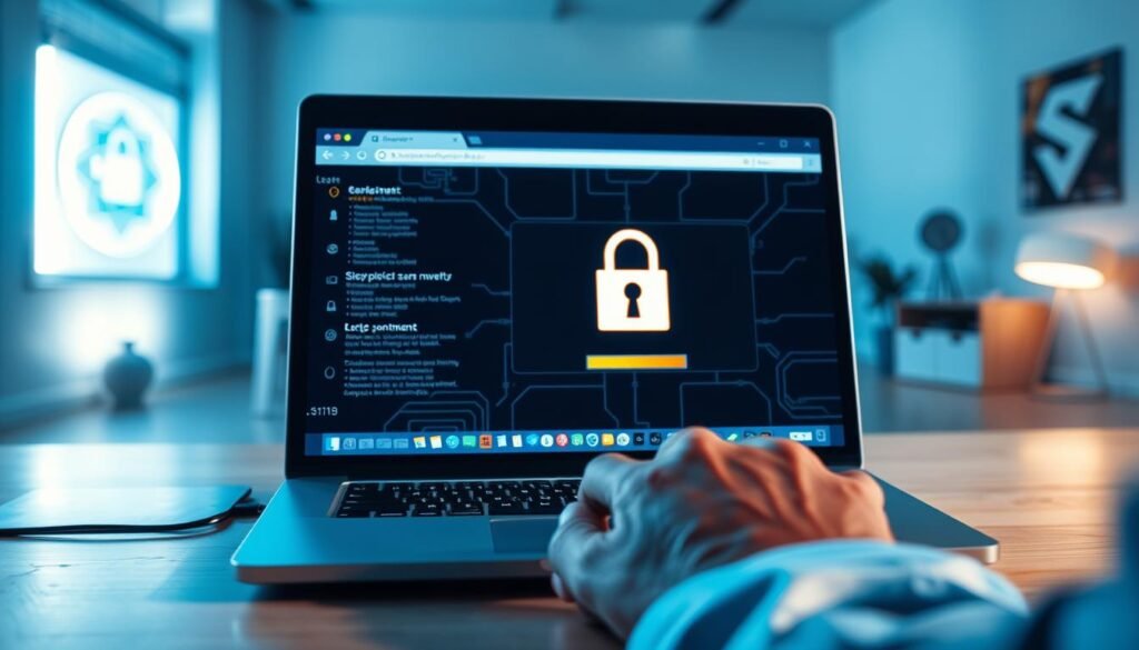 A well-lit and visually engaging scene depicting safe browsing practices. In the foreground, a person's hands carefully navigating a laptop, mindful of cybersecurity measures like secure connections, updated software, and vigilance against suspicious links or downloads. The middle ground showcases a browser window with a padlock icon, signifying a secure, encrypted session. In the background, a minimalist office or home setting, with subtle design elements hinting at digital safety, such as stylized network icons or security-themed artwork. The overall mood is one of focus, responsibility, and proactive digital hygiene, guiding the viewer towards effective online habits.
