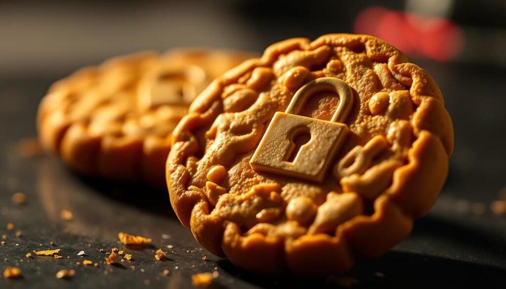 A well-lit, close-up view of a delicate, golden-brown cookie with intricate designs. The cookie's surface is adorned with security symbols and locks, representing the robust protective measures that should be implemented to secure user sessions and prevent unauthorized access. The lighting casts subtle shadows, emphasizing the texture and depth of the cookie's surface, conveying a sense of solidity and reliability. The background is slightly blurred, keeping the focus on the detailed cookie in the foreground, symbolizing the importance of prioritizing secure cookie management in web applications.