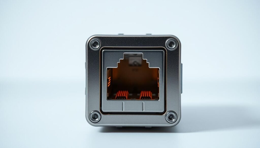 A well-lit, close-up view of an open network port, with its metal housing and copper connectors visible in crisp detail. The port is set against a clean, minimalist background, creating a sense of focus and simplicity. The image conveys a technical and functional aesthetic, showcasing the essential components of network connectivity in a visually striking manner. The lighting is soft and even, highlighting the intricate textures and contours of the port's design, while the perspective and framing emphasize its importance as a key element in network management and troubleshooting. A well-lit, close-up view of an open network port, with its metal housing and copper connectors visible in crisp detail. The port is set against a clean, minimalist background, creating a sense of focus and simplicity. The image conveys a technical and functional aesthetic, showcasing the essential components of network connectivity in a visually striking manner. The lighting is soft and even, highlighting the intricate textures and contours of the port's design, while the perspective and framing emphasize its importance as a key element in network management and troubleshooting.