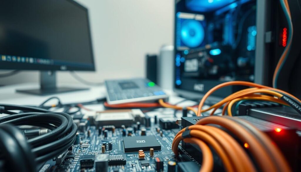 A well-lit, close-up view of computer hardware components and system drivers, against a backdrop of a clean, minimalist desk setup. The foreground should feature an assortment of computer cables, circuit boards, and various driver modules in crisp detail, conveying a sense of technical complexity and importance. The middle ground could include a desktop PC tower or a laptop, highlighting the integration of these components. The background should have a neutral, slightly blurred office environment to maintain focus on the key elements. The overall mood should be one of precision, order, and the importance of maintaining a stable, well-functioning computer system.