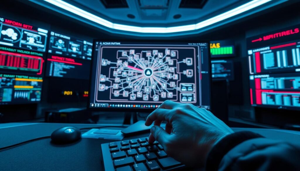 A well-lit control room with a large, sleek computer monitor displaying a detailed network diagram. In the foreground, a hand hovers over a keyboard, ready to execute security protocols. The background features a wall of screens showcasing real-time threat analysis and mitigation strategies. The scene conveys a sense of urgency and precision, with the operator poised to swiftly address any vulnerabilities in the system. The lighting is cool and crisp, emphasizing the technical nature of the task at hand. This is a mitigation platform, a command center for maintaining the integrity and security of the software infrastructure. A well-lit control room with a large, sleek computer monitor displaying a detailed network diagram. In the foreground, a hand hovers over a keyboard, ready to execute security protocols. The background features a wall of screens showcasing real-time threat analysis and mitigation strategies. The scene conveys a sense of urgency and precision, with the operator poised to swiftly address any vulnerabilities in the system. The lighting is cool and crisp, emphasizing the technical nature of the task at hand. This is a mitigation platform, a command center for maintaining the integrity and security of the software infrastructure.