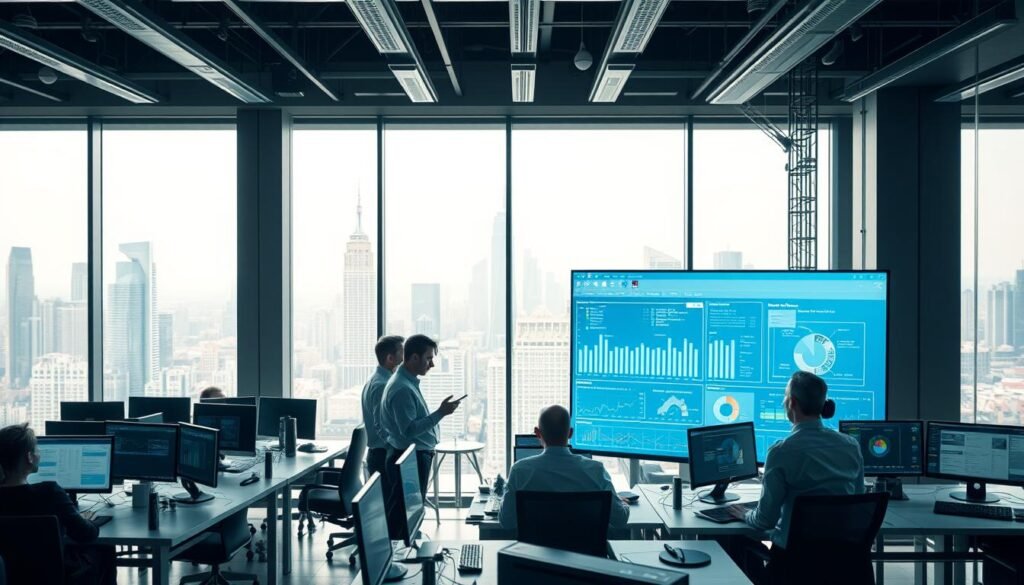 A well-lit corporate office space, with clean lines and modern design elements. In the foreground, a group of professionals engaged in a collaborative meeting, discussing policies and governance frameworks on a large touchscreen display. The middle ground features rows of workstations, where employees are diligently monitoring dashboards and analyzing data. The background showcases floor-to-ceiling windows, offering a panoramic view of a bustling city skyline. The overall atmosphere conveys a sense of order, efficiency, and a commitment to robust governance and policy management.