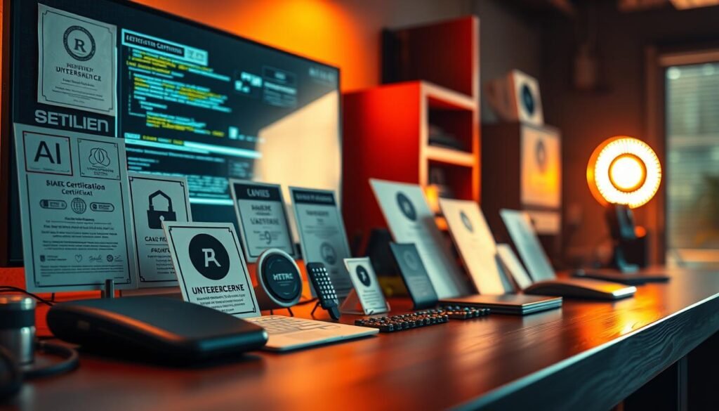 A well-lit, high-resolution, cinematic photograph of a desk surface displaying an array of professional certifications, skill icons, and tech tools. The items are neatly organized and prominently featured, creating a polished, aspirational scene. Warm lighting from the side casts a subtle glow, adding depth and drama. The background is slightly blurred, keeping the focus on the central elements. The overall composition conveys a sense of expertise, achievement, and the diverse capabilities required for a successful career in the cybersecurity and AI industries.