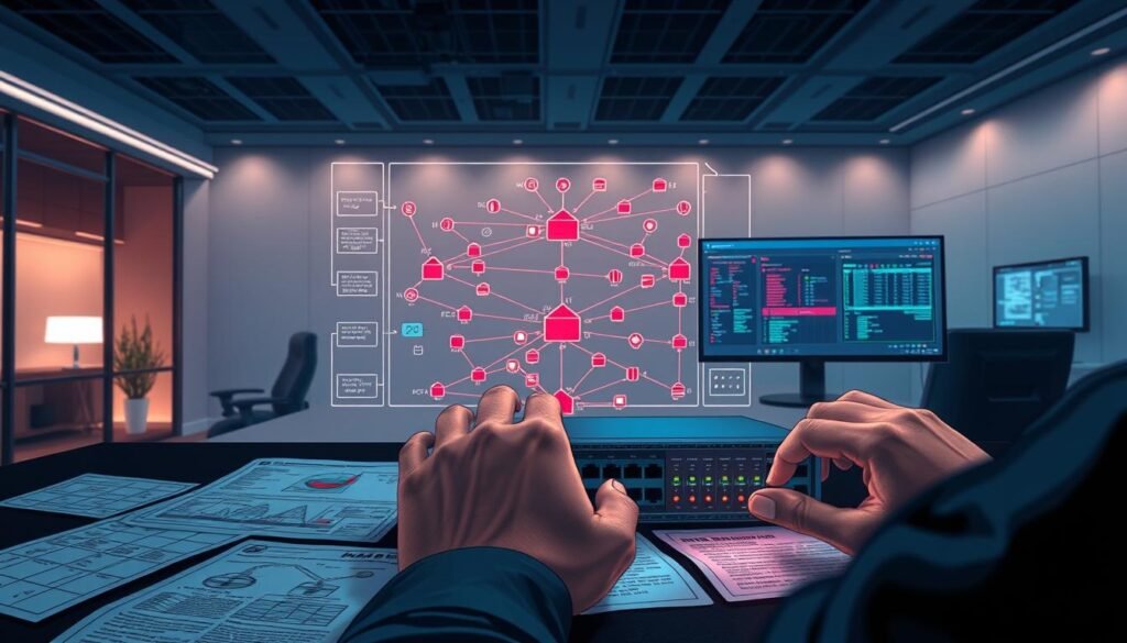 A well-lit, high-resolution digital illustration depicting a step-by-step firewall misconfiguration remediation process. In the foreground, a network administrator's hands carefully configuring a firewall device, surrounded by technical schematics and detailed instructions. The middle ground showcases a network topology diagram with color-coded nodes and connections, highlighting the problem areas. In the background, a serene, minimalist office environment with a large monitor displaying real-time network monitoring dashboards. The overall atmosphere conveys a sense of focus, professionalism, and attention to detail in resolving complex firewall issues.