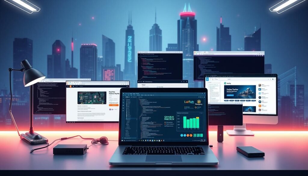 A well-lit, high-resolution image of a minimalistic, modern digital workspace showcasing several popular ethical hacking platforms and tools. The foreground features a sleek laptop displaying a cybersecurity dashboard, surrounded by various hardware devices like a Raspberry Pi, a network switch, and a USB security key. The middle ground includes multiple browser windows and terminals running open-source hacking utilities like Kali Linux, Metasploit, and Wireshark. The background depicts a stylized, abstract cityscape with skyscrapers and glowing cyberpunk-inspired elements, creating an atmosphere of technological sophistication and legal, responsible exploration of computer security.