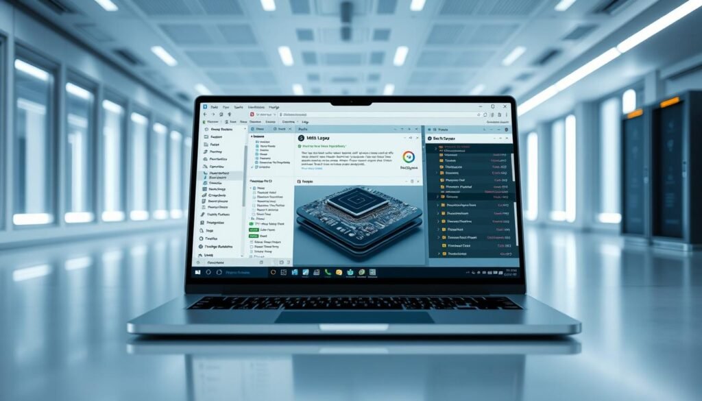 A well-lit, high-resolution image of a modern laptop or desktop computer screen, with a clean and organized user interface displaying various patch management tools and utilities. The foreground shows detailed windows and menus for software updates, security patches, and system configuration. The middle ground features a 3D model of a circuit board or server rack, conveying the technical aspects of the patch management process. The background depicts a minimalist, futuristic office setting with floor-to-ceiling windows, providing a sense of professionalism and productivity. The overall mood is one of efficiency, control, and proactive cybersecurity. A well-lit, high-resolution image of a modern laptop or desktop computer screen, with a clean and organized user interface displaying various patch management tools and utilities. The foreground shows detailed windows and menus for software updates, security patches, and system configuration. The middle ground features a 3D model of a circuit board or server rack, conveying the technical aspects of the patch management process. The background depicts a minimalist, futuristic office setting with floor-to-ceiling windows, providing a sense of professionalism and productivity. The overall mood is one of efficiency, control, and proactive cybersecurity.