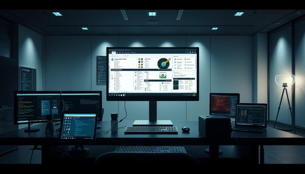 A well-lit, high-resolution image of a sleek, modern workstation displaying an array of web application security testing tools. In the foreground, various icons and windows representing tools like Burp Suite, OWASP ZAP, Nmap, and Metasploit. On the middle-ground, a large flat-screen monitor showcases a detailed dashboard of security vulnerabilities and attack vectors. The background features a sophisticated, minimalist office setting with clean lines, subtle lighting, and a sense of professionalism. The overall atmosphere conveys a powerful, yet sophisticated approach to ethical hacking and web application security.