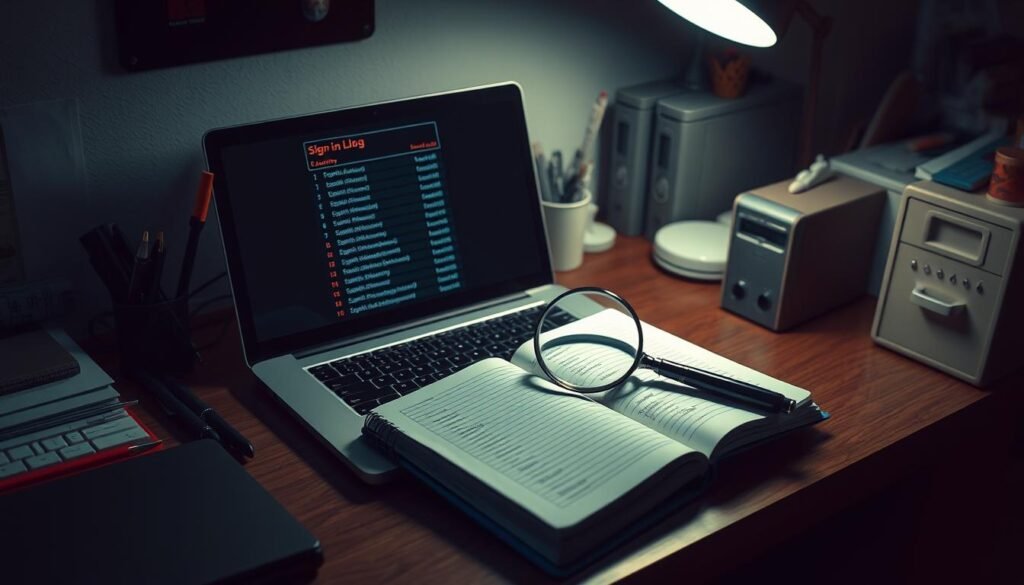 A well-lit home office desk with a laptop and a magnifying glass placed over an open notebook. On the laptop screen, a sign-in log is displayed, highlighting suspicious activity. The desk is surrounded by an array of office supplies and a compact filing cabinet, conveying an atmosphere of investigation and attention to detail. The lighting is soft and directional, creating a focused, serious mood. The camera angle is slightly elevated, providing a comprehensive view of the desk setup. The overall composition emphasizes the act of meticulously examining the sign-in logs to uncover and address any potential security breaches.