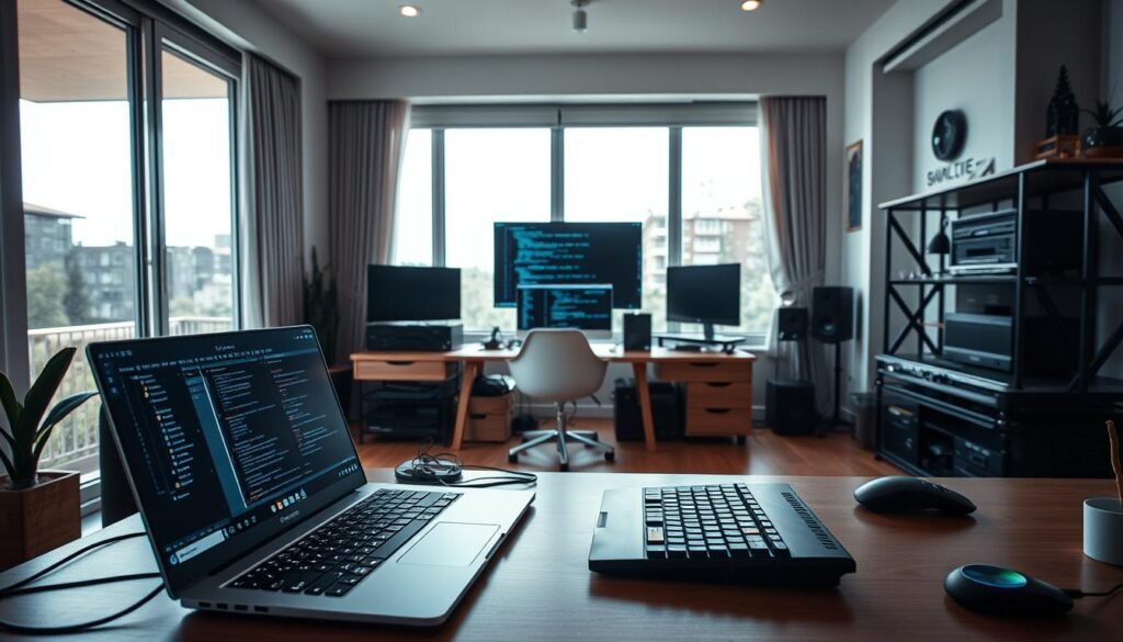 A well-lit, modern home office with sleek, minimalist furniture and equipment. In the foreground, a high-end laptop and a keyboard with customized keycaps. On the desk, a variety of cybersecurity tools and software, including a network monitoring app, a code editor, and a virtual machine. In the middle ground, a large monitor displaying lines of code and a cybersecurity dashboard. The background features floor-to-ceiling windows, allowing natural light to flood the space and create a serene, focused atmosphere. The room is decorated with subtle, tasteful accents that convey a sense of professionalism and attention to detail, perfect for legal hacking practice and skill-building.