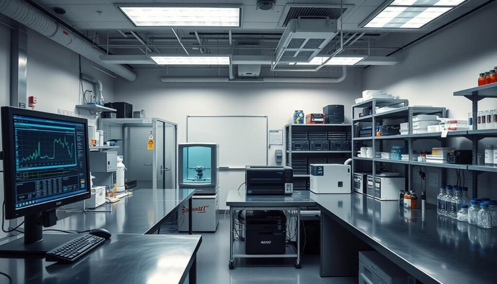 A well-lit, modern laboratory setup with stainless steel workbenches, racks of scientific equipment, and diagnostic machines. In the foreground, a computer monitor displays a diagnostic interface, while the middle ground features a 3D printer and a rack of network switches. The background showcases a large whiteboard, a safety shower, and shelves stocked with glassware and chemicals. The lighting is a mix of overhead LED panels and task lighting, creating a professional, clinical atmosphere. The scene conveys a sense of scientific inquiry and technical exploration, suitable for a cybersecurity research lab.