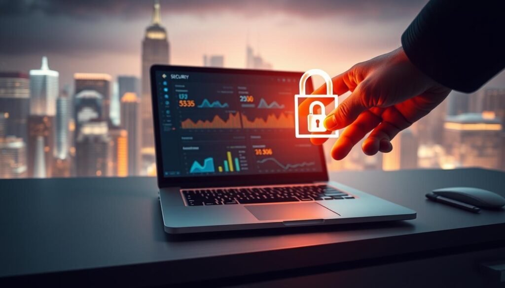 A well-lit modern laptop sitting on a sleek, minimalist desk, its screen displaying a security dashboard with graphs and metrics. In the foreground, a hand reaching out to secure the device with a digital lock icon. The background features a cityscape of skyscrapers, symbolizing the urgency of endpoint security in the digital age. Warm lighting creates a sense of professionalism and urgency, while the clean, uncluttered composition conveys the importance of a streamlined approach to cybersecurity for laptops in the United States.