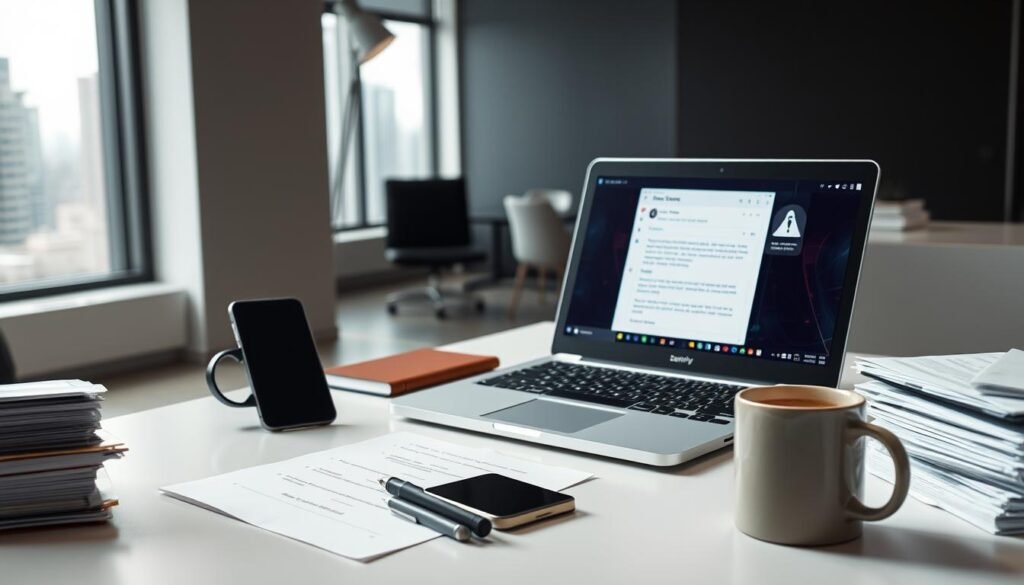 A well-lit office desk with a laptop, smartphone, and a stack of documents. The laptop screen displays an email inbox, with security icons and warning indicators. The desk has a pen, paper, and a coffee mug, conveying a sense of diligence and attention to detail. The background is a clean, minimalist office setting, with a window overlooking a cityscape. The overall mood is one of focused, professional concern, highlighting the importance of addressing potential email security breaches. A well-lit office desk with a laptop, smartphone, and a stack of documents. The laptop screen displays an email inbox, with security icons and warning indicators. The desk has a pen, paper, and a coffee mug, conveying a sense of diligence and attention to detail. The background is a clean, minimalist office setting, with a window overlooking a cityscape. The overall mood is one of focused, professional concern, highlighting the importance of addressing potential email security breaches.