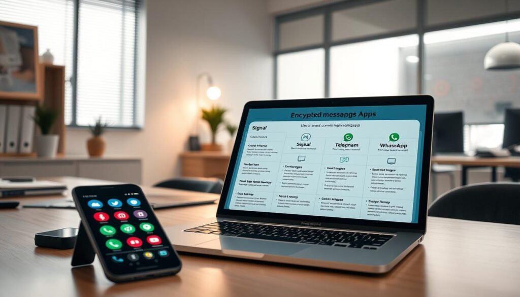 A well-lit office setting with a desk, laptop, and smartphone prominently displayed. The smartphone's screen shows various encrypted messaging app icons, including Signal, Telegram, and WhatsApp. The laptop displays a side-by-side comparison of the app features, with a focus on security and privacy. The overall atmosphere is professional and informative, conveying the importance of using secure communication tools. Soft, directional lighting casts subtle shadows, highlighting the technological elements. The camera angle is slightly elevated, providing a comprehensive view of the scene.