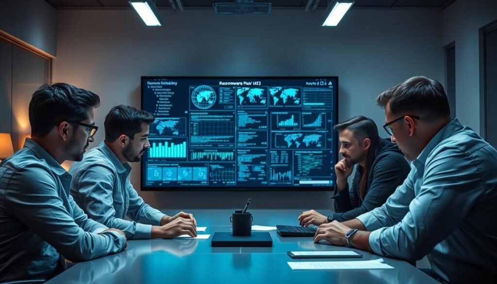 A well-lit office setting, with a team of cybersecurity experts gathered around a conference table, intently studying data visualizations and digital evidence on a large screen. The room has a sense of urgency, with a mix of concern and determination on the faces of the professionals. Soft, directional lighting illuminates the scene, casting subtle shadows and highlighting the intensity of their expressions. The angle is slightly elevated, giving a sense of observing the response team in action, as they strategize and coordinate their efforts to mitigate the ransomware threat. The overall mood conveys a sense of expertise, professionalism, and a steadfast commitment to resolving the crisis. A well-lit office setting, with a team of cybersecurity experts gathered around a conference table, intently studying data visualizations and digital evidence on a large screen. The room has a sense of urgency, with a mix of concern and determination on the faces of the professionals. Soft, directional lighting illuminates the scene, casting subtle shadows and highlighting the intensity of their expressions. The angle is slightly elevated, giving a sense of observing the response team in action, as they strategize and coordinate their efforts to mitigate the ransomware threat. The overall mood conveys a sense of expertise, professionalism, and a steadfast commitment to resolving the crisis.