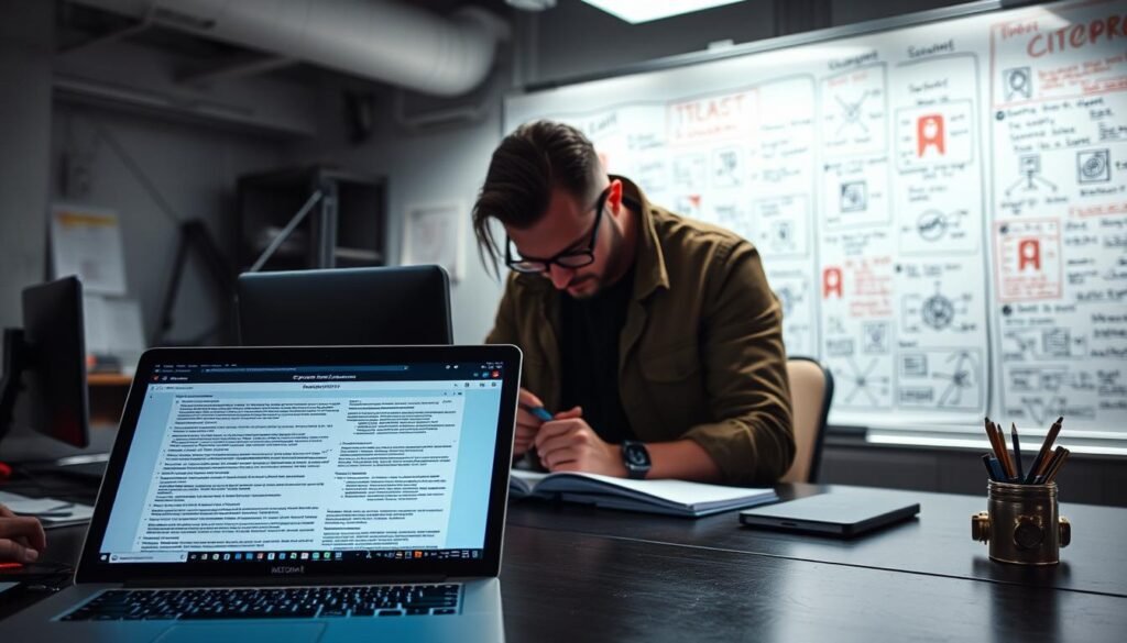 A well-lit office workspace with a developer's desk in the foreground. On the desk, a laptop displays a detailed report, its contents being carefully reviewed. In the middle ground, a developer pores over the report, meticulously analyzing each issue and making notes. The background depicts a whiteboard filled with security-related diagrams and annotations, reflecting the developer's deep understanding of the subject matter. The scene conveys a sense of focus, diligence, and a methodical approach to transforming bug bounty reports into actionable security fixes. A well-lit office workspace with a developer's desk in the foreground. On the desk, a laptop displays a detailed report, its contents being carefully reviewed. In the middle ground, a developer pores over the report, meticulously analyzing each issue and making notes. The background depicts a whiteboard filled with security-related diagrams and annotations, reflecting the developer's deep understanding of the subject matter. The scene conveys a sense of focus, diligence, and a methodical approach to transforming bug bounty reports into actionable security fixes.