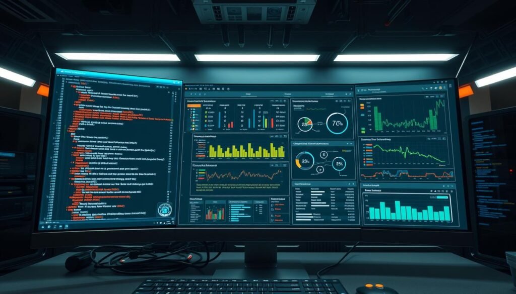 A well-lit, overhead view of a computer screen showcasing a robust database index management system. In the foreground, a series of automation scripts and tools seamlessly orchestrate the indexing process, optimizing performance and preventing leaks. The middle ground features detailed visualizations and dashboards, providing real-time monitoring and insights into index health and resource utilization. In the background, a sleek, minimalist user interface demonstrates the ease of verifying indexing results and adjusting configurations as needed, all within a polished, professional aesthetic.