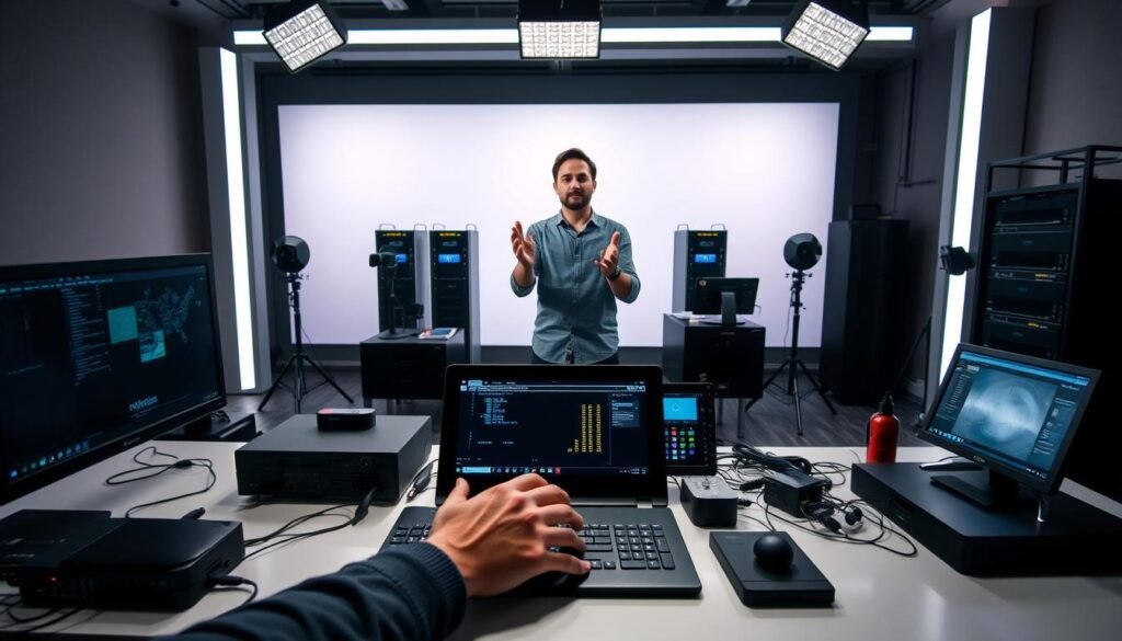 A well-lit, professional YouTube studio setup with a host presenting a hands-on cybersecurity tutorial. In the foreground, a person's hands manipulating various cybersecurity tools and devices on a clean, organized desk. In the middle ground, the host standing confidently and gesturing towards the camera, conveying expertise and enthusiasm. In the background, a minimalist backdrop with subtle cybersecurity-themed visuals, such as abstract data visualizations or server racks. The lighting is soft and directional, creating depth and highlighting the subject matter. The overall mood is informative, engaging, and visually appealing, reflecting the educational nature of the channel.
