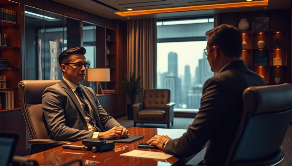 A well-lit, professional office setting with a stylish, modern desk and comfortable chairs. In the foreground, a confident-looking, well-dressed executive sits across from an attentive interviewer, engaged in a serious discussion. Subtle lighting casts a warm, focused glow, creating an atmosphere of thoughtful deliberation. The background features elegant shelves, tasteful decor, and a large window overlooking a cityscape, conveying a sense of authority and success. The scene exudes an air of strategic decision-making and high-level problem-solving, reflecting the gravity of a C-level security interview. A well-lit, professional office setting with a stylish, modern desk and comfortable chairs. In the foreground, a confident-looking, well-dressed executive sits across from an attentive interviewer, engaged in a serious discussion. Subtle lighting casts a warm, focused glow, creating an atmosphere of thoughtful deliberation. The background features elegant shelves, tasteful decor, and a large window overlooking a cityscape, conveying a sense of authority and success. The scene exudes an air of strategic decision-making and high-level problem-solving, reflecting the gravity of a C-level security interview.