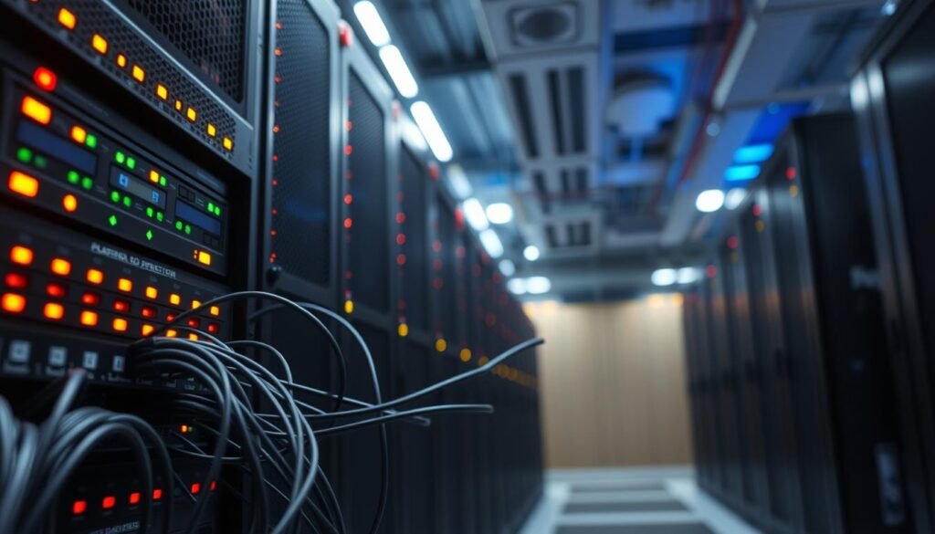 A well-lit server room with a row of sleek, black on-premise servers, their LEDs blinking in a rhythmic pattern. The servers are housed in sturdy racks, their metal casings gleaming under the bright overhead lighting. In the foreground, a network switch with a tangle of cables snaking out from it, creating a sense of interconnectedness. The background is softly blurred, hinting at the larger infrastructure that supports these on-premise systems. The image conveys a sense of control, security, and technical sophistication, aligning with the section's focus on self-hosted deployments.