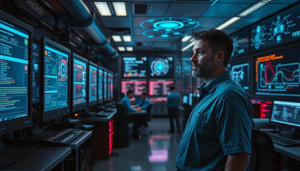 A well-lit server room with rows of computer monitors and dashboards displaying real-time security metrics and incident logs. In the foreground, a security analyst in a polo shirt and slacks closely examines the data, brow furrowed in concentration. Soft blue lighting emanates from the screens, casting a cool glow on the scene. The middle ground features a bank of workstations where additional team members collaborate, discussing the latest patch updates and verification procedures. In the background, a large display shows a visual representation of the network topology, with active connections and potential vulnerabilities highlighted. The overall atmosphere conveys a sense of vigilance, technical expertise, and a commitment to maintaining the security posture of the organization. A well-lit server room with rows of computer monitors and dashboards displaying real-time security metrics and incident logs. In the foreground, a security analyst in a polo shirt and slacks closely examines the data, brow furrowed in concentration. Soft blue lighting emanates from the screens, casting a cool glow on the scene. The middle ground features a bank of workstations where additional team members collaborate, discussing the latest patch updates and verification procedures. In the background, a large display shows a visual representation of the network topology, with active connections and potential vulnerabilities highlighted. The overall atmosphere conveys a sense of vigilance, technical expertise, and a commitment to maintaining the security posture of the organization.